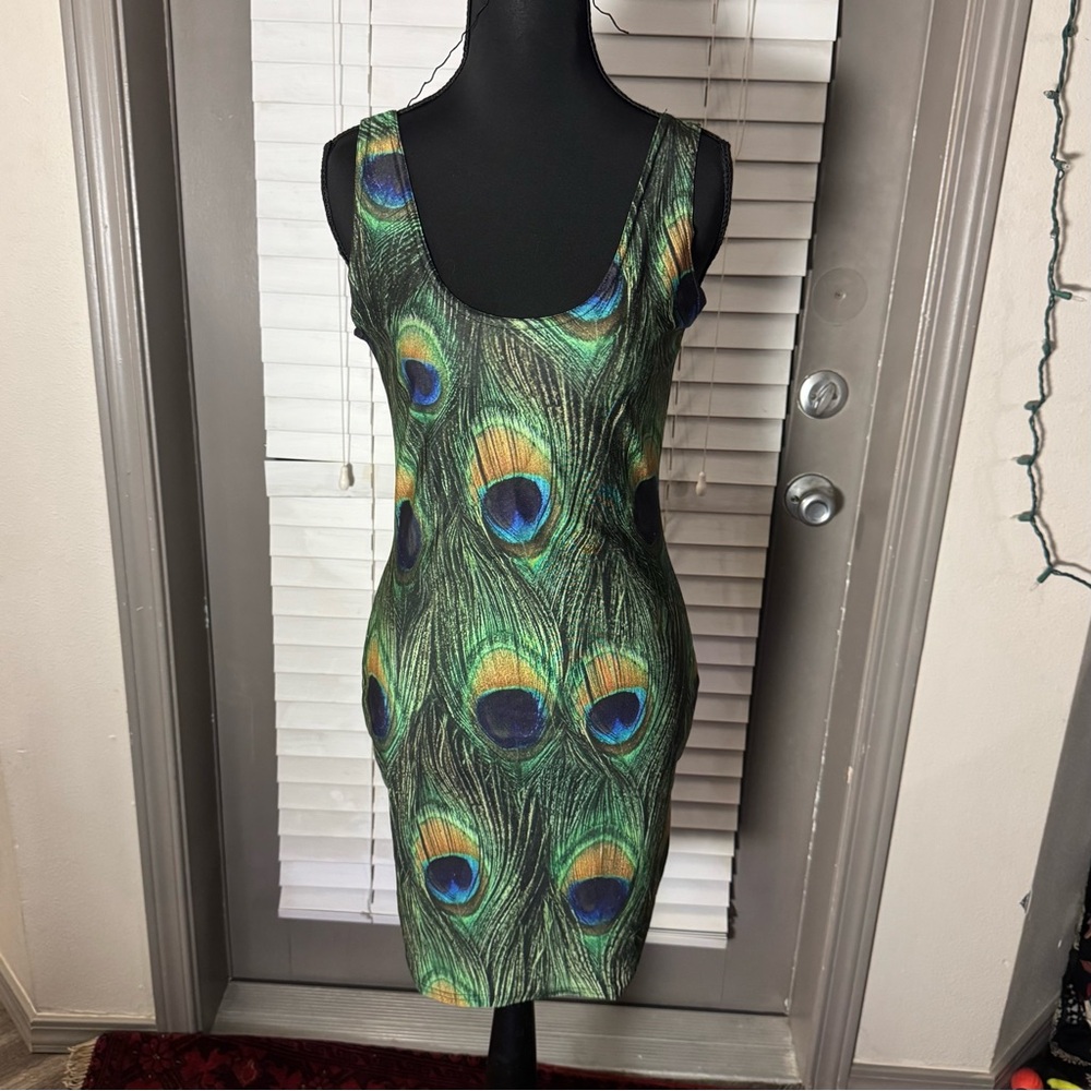 Peacock Feather Print Bodycon Mini Dress, One Size